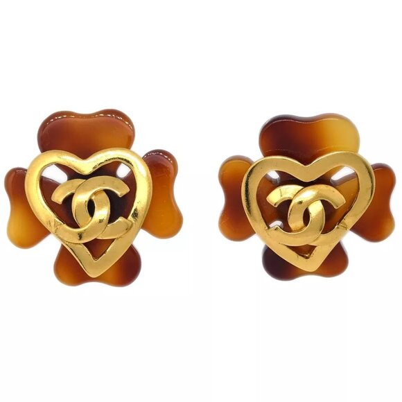 Chanel Clover Earrings Clip-On Gold 95P - Picture 1 of 4
